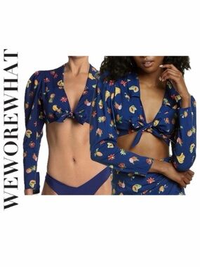 We Wore What Tropical Fruit Print Tie-Front Crop Top Navy Sz S COCONUTGIRL Core